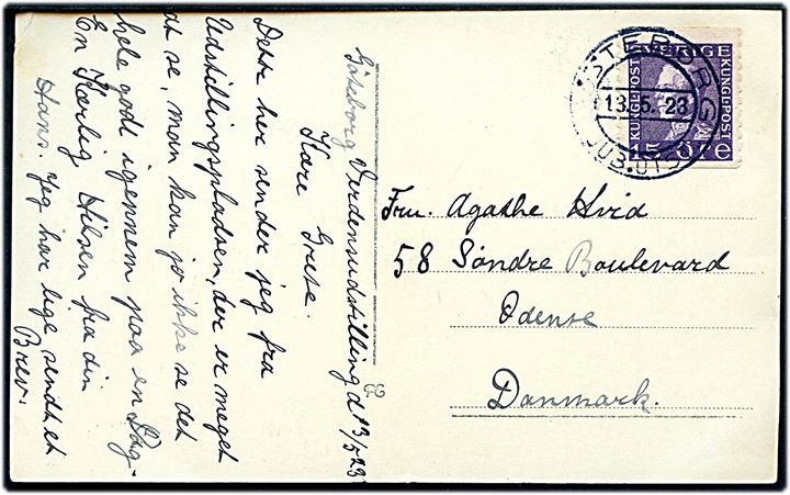 15 öre Gustaf på brevkort (Jubilæumsudstillingen i Göteborg 1923) annulleret med særstempel Göteborg Jub.Utst. d. 13.5.1923 til Odense, Danmark.