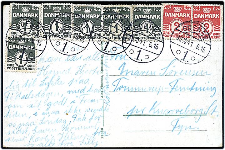 1 øre (6) og 2 øre (2) Bølgelinie fra udpakkede frimærkepenge anvendt som frankering på brevkort fra Odense d. 30.10.1941 til Knarreborg St.