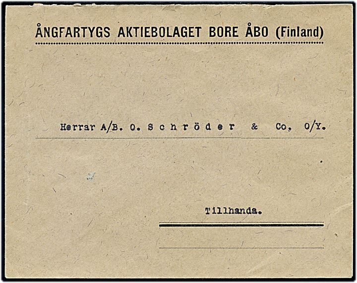 Ufrankeret fortrykt kuvert fra Ångfartygs Aktiebolaget Bore i Åbo til firma O. Schröder & Co. O/Y.