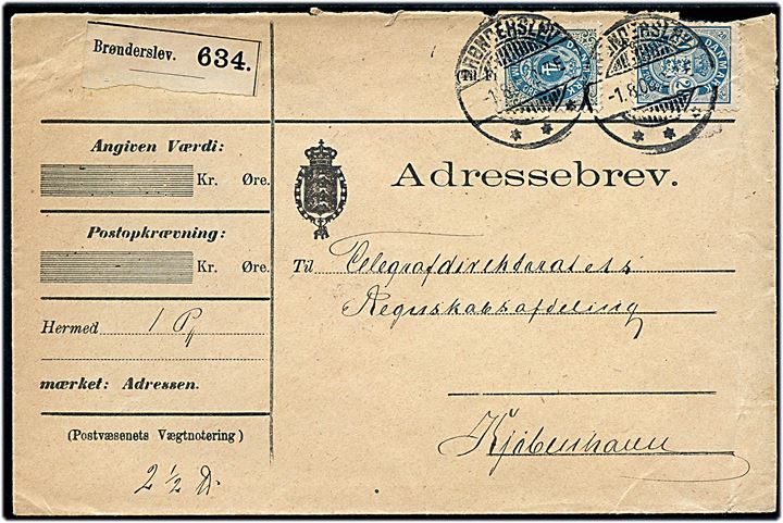 4 øre Tofarvet omv. rm. og 20 øre Våben på adressebrev for pakke fra Brønderslev d. 1.8.1900 til Kjøbenhavn.