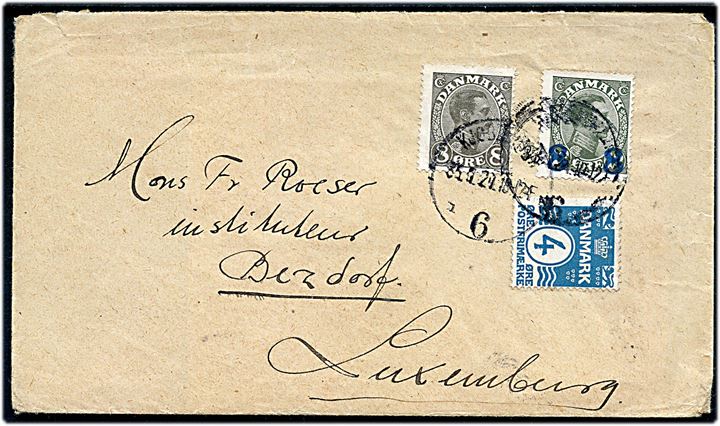 4 øre Bølgelinie, 8 øre Chr. X og 8/12 øre Provisorium på brev fra Kjøbenhavn d. 30.1.1921 til Bezdorf, Luxemburg. Ank.stemplet Roodt d. 3.2.1921. Usædvanlig destination.