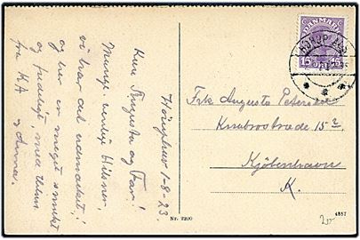 15 øre Chr. X på brevkort (Den nye grænse ved Kollund) annulleret med brotype IIb Hørup Als d. 2.8.1923 til København.