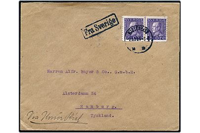 15 öre Gustaf i parstykke på brev fra Malmö annulleret Kjøbenhavn d. 2.3.1923 og sidestemplet Fra Sverige til Hamburg, Tyskland. Påskrevet Via Korsør-Kiel.