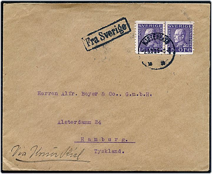 15 öre Gustaf i parstykke på brev fra Malmö annulleret Kjøbenhavn d. 2.3.1923 og sidestemplet Fra Sverige til Hamburg, Tyskland. Påskrevet Via Korsør-Kiel.