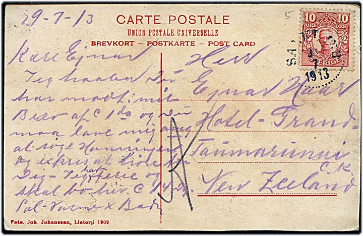 10 öre Gustaf på brevkort (Kyrkbacken, Hven) annulleret Sankt Ibb d. 31.7.1913 til Taumarunini, New Zealand. Ank.stemplet d. 8.9.1913. Interessant fra øen Hven i Øresund til god oversø destination.