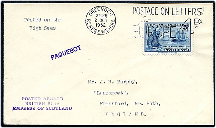 5 cents på skibsbrev annulleret med britisk stempel i Greenock d. 2.10.1952 og sidestemplet Paquebot til Freshford, England. Sendt fra Empress of Scotland.