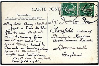 Fransk 5 c. i parstykke på brevkort fra Cancale annulleret med britisk skibsstempel Southampton France MB d. 16.6.1912 til Bournemouth, England