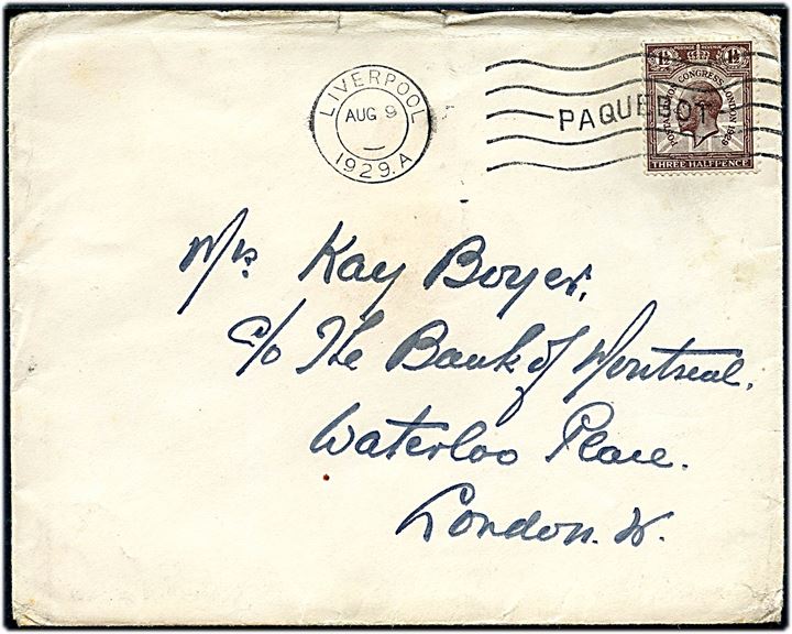 1½d George V Postal Congress udg. på skibsbrev annulleret Liverpool / Paquebot d. 9.8.1929 til London.