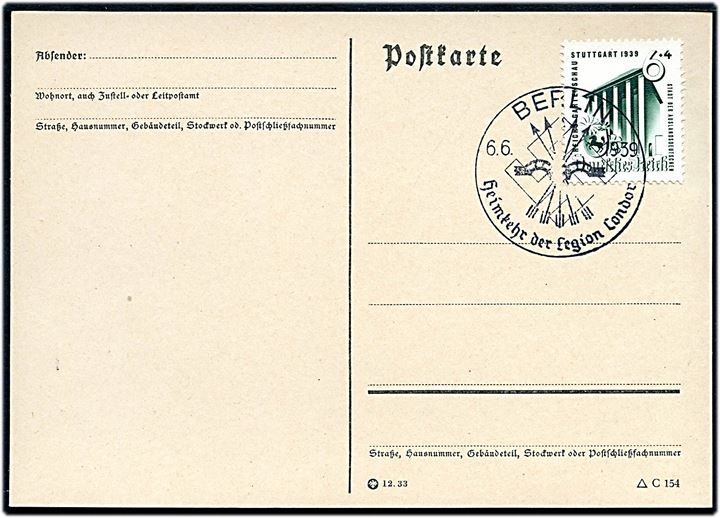 6+4 pfg. Stuttgart messe på uadresseret brevkort annulleret med Heimkehr der Legion Condor særstempel i Berlin d. 6.6.1939. 