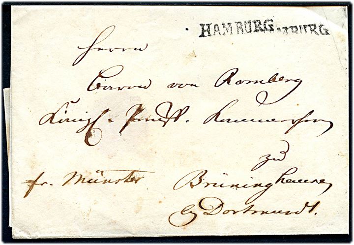 Francobrev med påskrevet Fr. Münster og liniestempel HAMBURG (ca. 1790) til Baron von Romberg, Königl. Preuss. Kammerherrn zu Brüninghausen bei Dortmund.