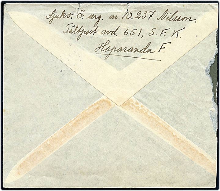 15 öre Linné på brev annulleret Fältpost * S.F.K. * d. 14.2.1940 til Borås, Sverige. Sendt fra sanitets oversergent ved avd. 651, S.F.K., Haparanda F. (= Sanitetskompagniet, Svenska Frivilliga Kåren). Finsk censur no. RT44.
