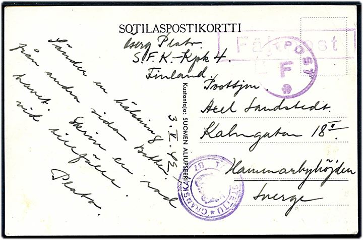 Ufrankeret finsk feltpostkort med marinesoldat dateret d. 3.5.1942 fra svensk frivillig oversergent Plato ved S.F.K. (= Svenska Frivilliga Kompani) ved KpK 4 til Hammarbyhöjden, Sverige. Violet stempel FÄLTPOST F * og finsk censur no. 87.