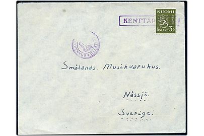 3½ mk. Løve på brev annulleret med rammestempel Kenttäpostia fra svensk frivillig soldat ved KpK2/1488 = (24 Infanteri Regiment) til Nässjö, Sverige. Passér stemplet af den finske censur.