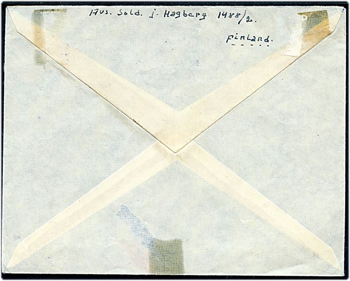 3½ mk. Løve på brev annulleret med rammestempel Kenttäpostia fra svensk frivillig soldat ved KpK2/1488 = (24 Infanteri Regiment) til Nässjö, Sverige. Passér stemplet af den finske censur.
