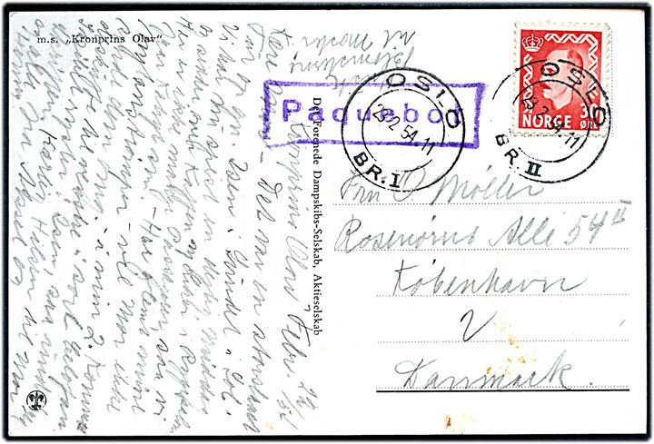 30 øre Haakon på brevkort (DFDS færgen M/S Kronprins Olav) skrevet ombord og annulleret Oslo d. 23.2.1954 og sidestemplet Paquebot til København, Danmark.