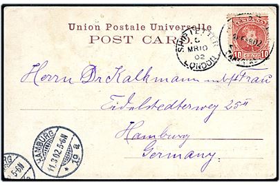 10 cts. på brevkort (Havneparti fra Zanzibar og tysk dampskib) annulleret Las Palmas Canaria d. 28.2.1902 og sidestemplet Ship Letter London d. 10.3.1902 til Hamburg, Tyskland.