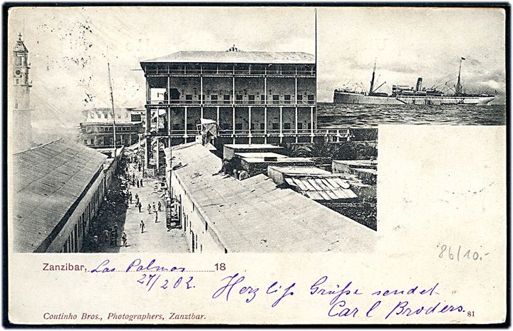 10 cts. på brevkort (Havneparti fra Zanzibar og tysk dampskib) annulleret Las Palmas Canaria d. 28.2.1902 og sidestemplet Ship Letter London d. 10.3.1902 til Hamburg, Tyskland.