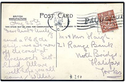 1½d George V på brevkort (S/S Megabtic) annulleret med liniestempel Paquebot og maskinstempel Glasgow d. 25.8.1923 til Halifax, England.