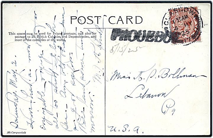 1½d George V på brevkort (S/S Cameronia) annulleret Glasgow d. 4.5.1925 og sidestemplet Paquebot til Lebanon, USA.