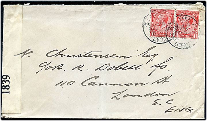 1d George V i parstykke på fortrykt kuvert fra New York annulleret med britisk skibsstempel Paquebot Posted at Sea received Liverpool d. 18.4.1919 til London, England. Åbnet af britisk censur no. 1839.
