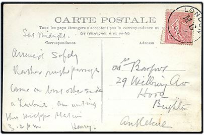 10 c. på brevkort (S/S Brighton forlader Dieppe) annulleret med britisk skibsstempel London M B (Mobile Box) i 1906 til Brighton, England.