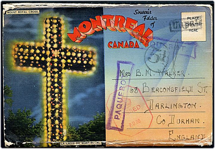Ufrankeret postkortmappe fra Montreal, Canada dateret d. 17.8.1941 med rammestempel Unpaid og skibsstempel Paquebot til Darlington, England. Rød britisk censur og udtakseret i 5d porto.