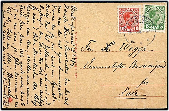 5 øre og 10 øre Chr. X på brevkort annulleret med brotype IIIb Onsevig d. 25.7.1920 til Vemmefofte Skovridergaard pr. Faxe.