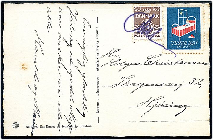 10 øre Bølgelinie og Julemærke 1937 blækannulleret på julekort til Hjørring.