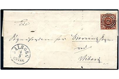 4 sk. 1858 udg. på brev annulleret med nr.stempel 4 og sidestemplet antiqua Aalborg d. 4.5.1862 til Sognefogeden for Bjerring Sogn ved Viborg. 