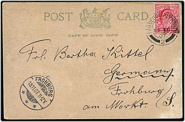 1d Edward VII på brevkort (Cape Town and Table Mountain) dateret Las Palmas og annulleret med skibsstempel Paquebot Plymouth 2 d. 16.11.1907 til Frohburg, Tyskland.