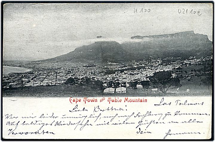 1d Edward VII på brevkort (Cape Town and Table Mountain) dateret Las Palmas og annulleret med skibsstempel Paquebot Plymouth 2 d. 16.11.1907 til Frohburg, Tyskland.