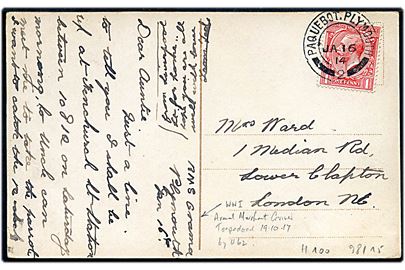 1d George V på brevkort (Napoli og Vesuv) skrevet ombord på RMS Orama i Plymouth og annulleret Paquebot Plymouth 2 d. 16.1.1914 til London. Orama var udrustet som hjælpekrydser under 1. verdenskrig og blev sænket af den tyske ubåd U62 i Atlanterhavet d. 19.10.1917.