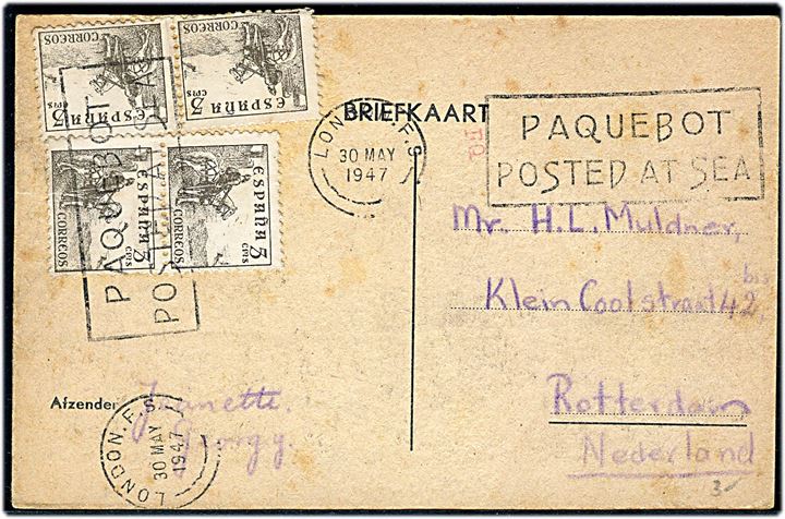 5 cts. Rytter (4) på brevkort (Hollandsk skib M/S Klipfontein) annulleret med skibsstempel London F.S. / Paquebot posted at sea d. 30.5.1947 til Rotterdam, Holland.