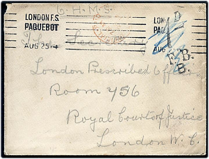 Ufrankeret tjenestebrev mærket O.H.M.S. med skibsstempel London F.S. Paquebot d. 25.8.1914 til London. Fejlagtigt udtakseret i porto med overstreget portostempel 1d F.B.B. og rødt stempel Officially Paid London.