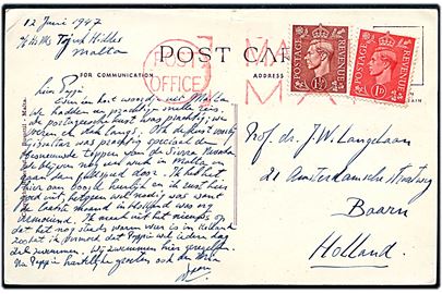 Britisk 1d og 1½d George VI på brevkort (Valletta, Malta) dateret Hr.Ms. Tjerk Hiddes, Malta d. 12.6.1947 til Braan, Holland. Annulleret med britisk flådepost stempel Post Office / Maritime Mail. Den hollandske destroyer Hr.Ms. Tjerk Hiddes afgik d. 2.6.1947 fra Holland til Hollandsk Ostindien, hvor skibet ankom til Tandjong Priok d. 17.7.1947. Skibet overgik i 1951 til den indonesiske flåde.