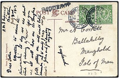 ½d George V i parstykke på brevkort (RMS Empress of Britain) skrevet ombord d. 3.7.1913 og annulleret Greenock d. 14.7.1913 med sidestempel Paquebot til Maughold, Isle of Man, England.