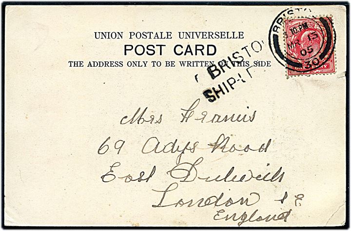 1d Edward VII på brevkort fra Jamaica annulleret Bristol d. 15.3.1905 og sidestemplet Bristol Ship-Letter til London, England.