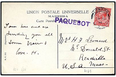 1d George V på brevkort fra Madeira med damptog annulleret London F.S. 62 d. 28.3.1914 og sidestemplet Paquebot til USA.