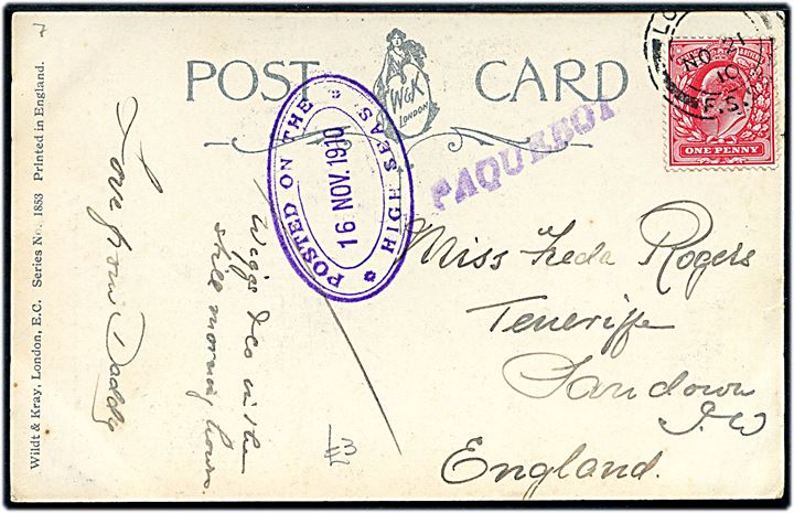 1d Edward VII på brevkort annulleret London F.S.20 d. 21.11.1910 og sidestemplet Paquebot til London, England. Ovalt stempel: Posted on the high seas d. 16.11.1910.