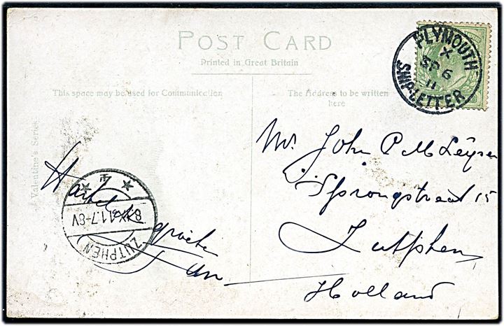½d Edward VII på brevkort (Plymouth) sendt som tryksag og annulleret Plymouth Ship-Letter d. 6.9.1911 til Zutphen, Holland.