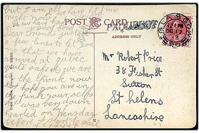 Canadisk 2 cents George V på brevkort (S/S Tunisian) annulleret i Glasgow d. 17.10.1913 og sidestemplet Paquebot til St. Helens, England.
