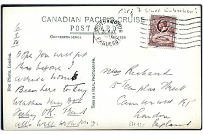 1d George V på brevkort (Volta Ferry, Gold Coast) annulleret med skibsstempel Southampton Paquebot d. 26.3.1936 til London, England.