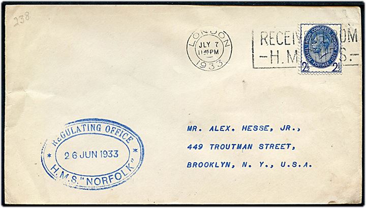 2½d George V Postal Congress single på brev annulleret med skibsstempel London / Received from H.M.Ships d. 7.7.1933 og sidestemplet: Regulating Office / H.M.S. Norfolk d. 26.6.1933 til Brooklyn, USA.