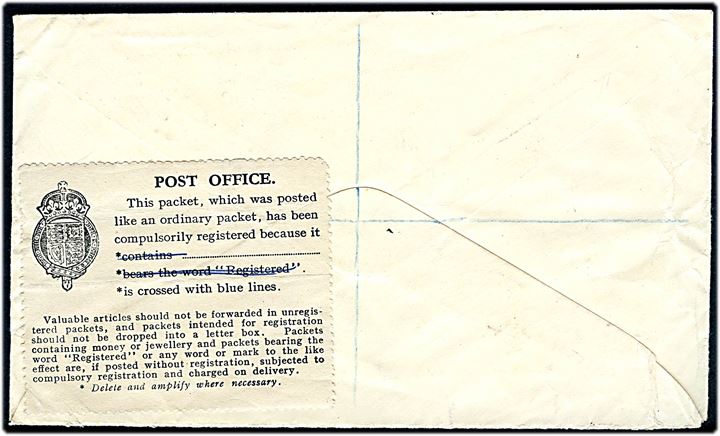 2½d Elizabeth (5) på anbefalet skibsbrev annulleret Paquebot Brixham Devon d. 20.12.1959 til London. På bagsiden meddelelse fra postvæsnet vedr. markering med blåt kryds på anbefalede breve. Sjælden anbefalet skibspost og vanskeligt skibsstempel.