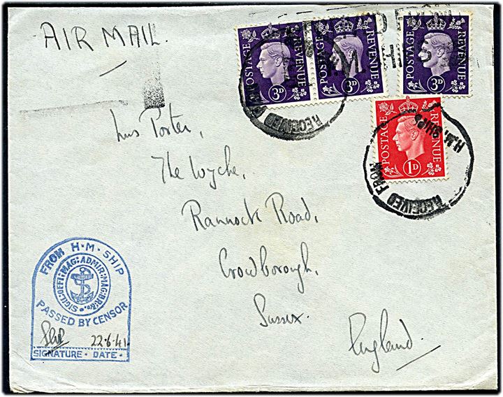 1d og 3d (3) George VI på luftpost flådebrev annulleret Received from H.M.Ships til Crowborough, England. Blå flådecensur dateret d. 22.6.1941.