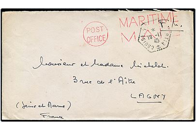 Ufrankeret fransk flådepostbrev stemplet Croiseur Émile Bertin d. 19.11.1945 med britisk rødt flådepost stempel Post Office Maritime Mail til Langny, Frankrig. Krydseren Émile Bertin var fra efteråret 1945 til sommer 1946 stationeret ved Indokina.