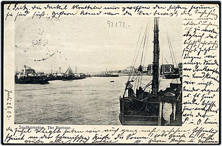 10 pfg. Germania på brevkort (Southampton) annulleret med tysk skibsstempel Deutsche Seepost Ost-Asiatische Linie c d. 28.7.1903 og sidestemplet Southampton Packet-Letter d. 28.7.1903 til Bremen, Tyskland.