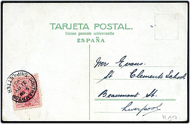 10 cts. Alfonso XIII på brevkort (Las Palmas, Gran Canaria) annulleret med britisk skibsstempel Southampton Ship-Letter d. 31.5.1910 til Liverpool, England.