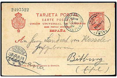 10 cts. helsagsbrevkort fra Las Palmas Canaria d. 17.8.1904 via Southampton Ship-Letter d. 25.4.1904 til Bitburg, Tyskland. Har været opklæbet.