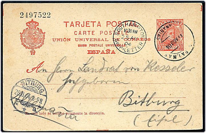 10 cts. helsagsbrevkort fra Las Palmas Canaria d. 17.8.1904 via Southampton Ship-Letter d. 25.4.1904 til Bitburg, Tyskland. Har været opklæbet.